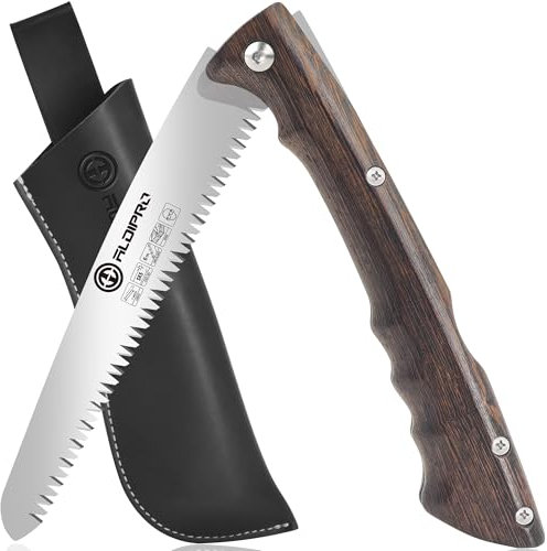 Folding Pruning Saw 7 Inch with Leather Sheath and Wenge Wooden Handle, SK5 Steel Blade, Foldable Hand Saw for Camping, Survival, Wood Cutting, Bushcraft and Tree Trimming