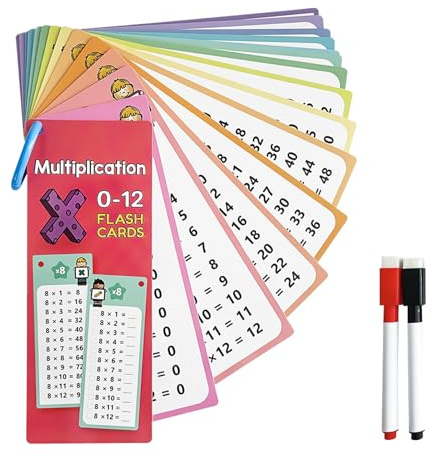 Times Tables Flash Cards, Multiplication Flash Cards, 0-12 Multiplication Flashcards with 2 Dry Erase Markers & Key Ring, Math Learning for Classroom Home Fun, Multiplication Practice Game