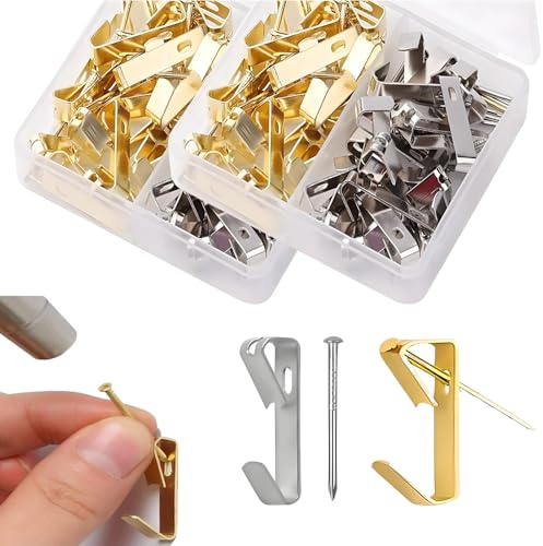 Set di 40 kit per appendere immagini con scatola portaoggetti, chiodi in ferro, chiodi in ferro per foto, cornici e decorazioni (oro+argento 1)