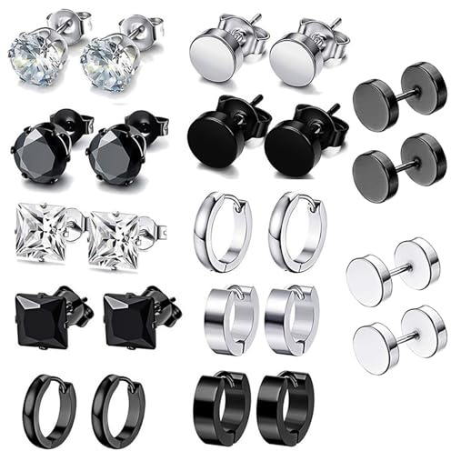 ZXTGBQ 12 Paires Boucles d'Oreilles Homme, Piercing Cartilage Boucles d'Oreilles Noires, Noir Argent