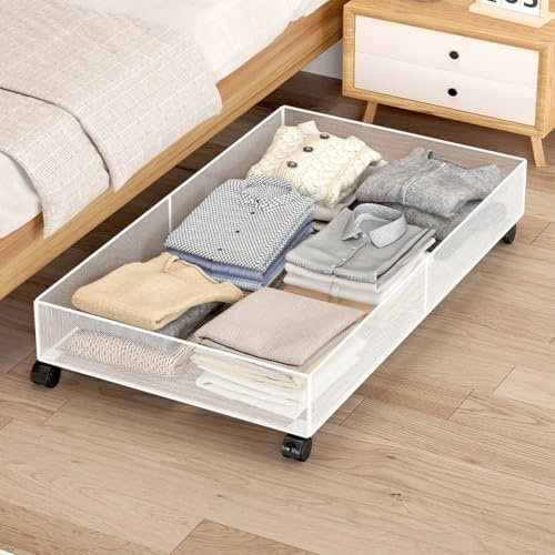 Upluxmira Boîte de rangement à roulettes pour dessous de lit fabriquée en fer robuste avec entretoises pour vêtements, chaussures, livres et tâches de rangement (blanc)