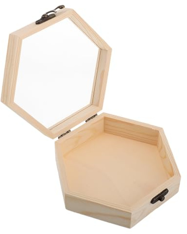 ULDIGI Caja de Madera Hexagonal con Tapa de Vidrio Abatible para Almacenamiento Multifuncional y Decoración Elegante Hogar y Bodas