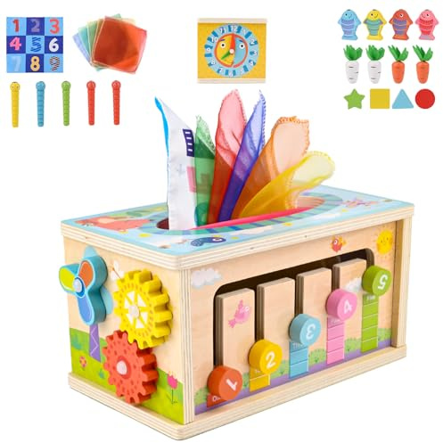 ZWOOS Montessori leksak från 6 månader, 6-i-1 våtservettlåda baby, motorikkub träleksak 6–12 månader pojkar flickor, motorikleksak för barn 1–3, baby gåva