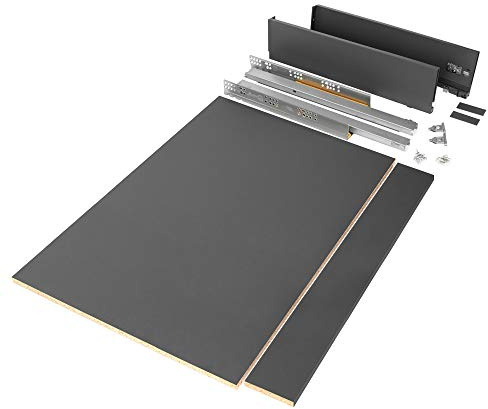 Emuca - Kit cassetto per cucina o bagno con pannelli inclusi e guide con estrazione totale con chiusura soft, altezza 93 mm per modulo 900 mm e profondità 500 mm, grigio antracite.