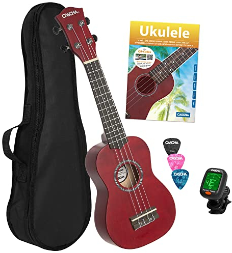 CASCHA Sopran Ukulele Set für Kinder und Erwachsene I Starter Kit mit 3 Plektren Tasche Lehrbuch Lernvideos über QR-Code Stimmgerät I Aquila Saiten Nylon I Kleine Hawaii Gitarre I Rot