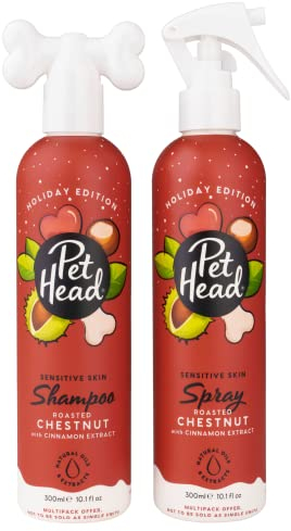 Pet Head Hundeshampoo und Spray-Set | Geröstete Kastanie mit Zimtduft, Urlaubs-Edition| Weihnachtsshampoo für Hunde mit empfindlicher Haut | Vegan | Sanfte Formel für Welpen | je 300 ml