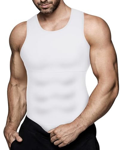 Mens Compression Shirt Workout Tank Tops Slimming Body Shaper Vest Abs Abdomen Undershirts (White, X-Large)