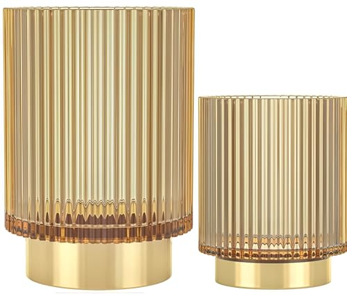 REALHUNLEE Makeup Brush Holder Organizer, Heavy Crystal Glass Brush Storage Holder, Vintage Cosmetic Make Up Bathroom Brushes Cup Pen Pencil Toothbrush Holder Striped Vase (S+L (amber))