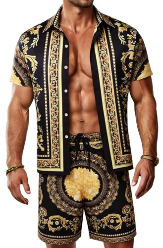 JoZorro Ensemble de chemises hawaïennes décontractées pour homme 2 pièces de luxe pour l'été et la plage, doré, Large