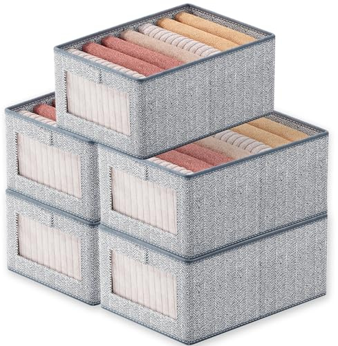 Goesort Set of 5 Clothes Storage Boxes, Wardrobe Storage Organiser Fabric Clothes Organiser, Storage Boxes with Clear Window For Jeans Pants Shirts Leggings Sweaters, Medium