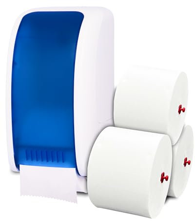 Cosmos Toilettenpapierspender Doppelrollen Set - 1 Spender für Cosmos Toilettenpapierrollen + 360m Toilettenpapier- 3 lagig - Ultra ERGIEBIG wie 26 übliche Rollen - Wandmontage, Weiß/Blau