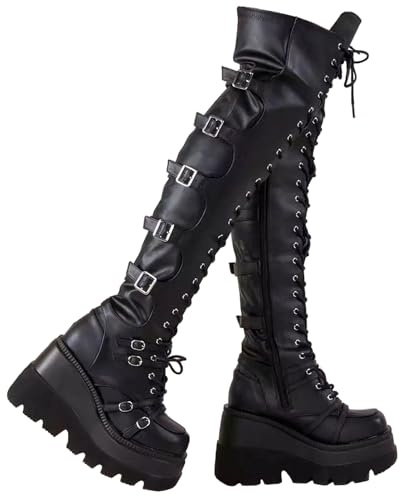 tinetill Botas de plataforma para mujer, de invierno, color negro, gótico, punk, por encima de la rodilla, con cremallera, botas altas hasta la rodilla con cordones, botas largas con tacón de bloque