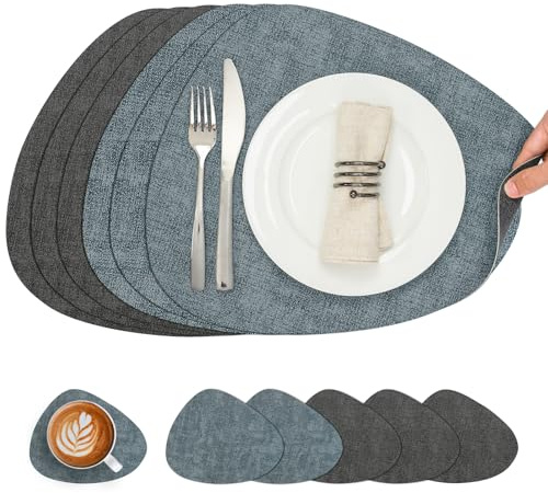 Chitomars Placemats and Coasters Set of 6 Dual Sided Faux Leather Table Mat | Heat Resistant Washable Place Mats Non Slip Waterproof PU Leather Placemat for Dining Table Indoor Outdoor (Grey Light Blue)