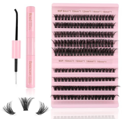 Kiusatig Kit Pestañas Postizas, 8-16mm Extensión de Pestañas Pelo a Pelo DIY con 167 Piezas, Pegamento y Removedor de Pegamento de Pestañas(60P+80P, 8-16mm Mix Kit)