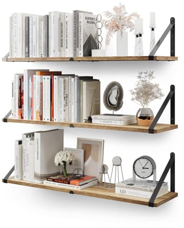 CASSA ZENO Wall Mounted Floating Book Shelves for Wall Set of 3, 80cm x 20cm Shelf Bookshelf for Bedroom Living Room Office Bathroom Kitchen Rustic Wood with Metal Bracket (Natural)
