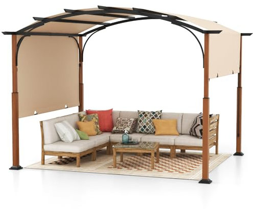 COSTWAY 3 X 3 M/3 X 3.6 M Retractable Pergola, Large Garden Pergola with Sun Shade Canopy, Outdoor Arched Patio Shelter Metal Gazebo for Party Poolside BBQ (Beige, 360 x 300 x 260 cm)