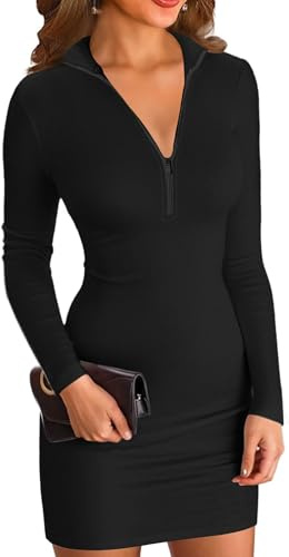 ELFIN Vestido bodycon para mujer, acanalado, manga larga, mini vestido con cremallera, cuello alto, corto, deportivo, vestidos casuales de otoño, Negro , M