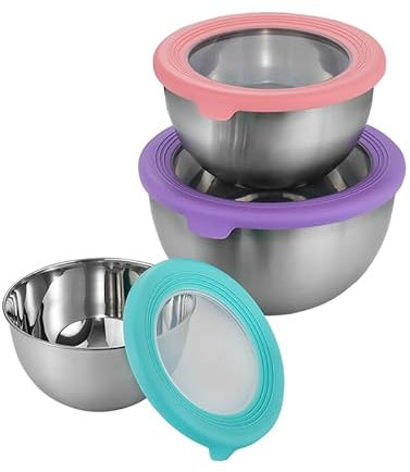 XIAOMIANYANG Edelstahl-Rührschüssel-Set mit Deckel, 3-teiliges Set, ineinander steckbare Küchenschüssel-Set zum Backen, Kochen, Zubereiten von Speisen & Servieren, spülmaschinenfest