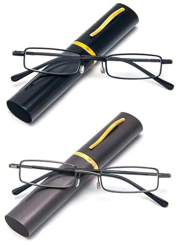 Hubeye 2 Pairs Slim Portable Reading Glasses for Men Women Metal Pocket Readers Glasses Lightweight Compact Blue Light Blocking Glasses in Tube Case 2.50