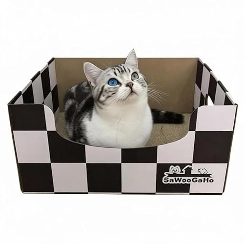 SAWOOGAHO Extra Large Cat Cardboard Scratch with Box Bigger Space Double-Sided Scratching Refillable Pad Scratcher Board Window Handle Design Easy to Clean Scraps Scratched Bed for Indoor Cats