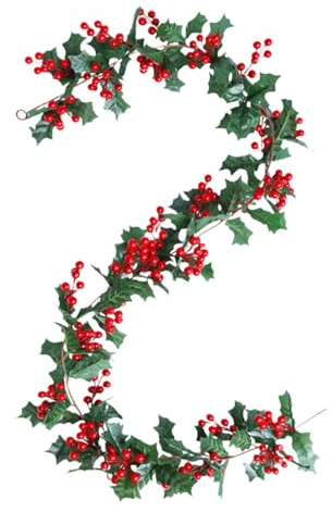 Generic 175 Cm Artificial Holly Berry Garland Red Berry Green Leaves Brunch Prelit Garland Christmas Stair Railing Mantel Decoration