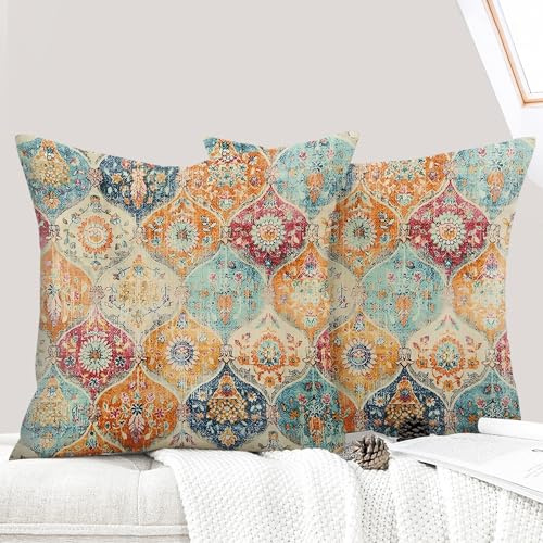 ECZOIL Set med 2 kuddöverdrag 45 x 45 cm, etnisk bohemisk vintage stil, dekorativa kuddöverdrag, kuddeöverdrag på 18 x 18 tum för hem, vardagsrum, sovrum - Creme