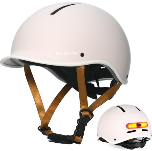 Scavin Bike Helmet for Adult: Bicyle Helmet with EPS Foam Interior for Men & Women, Adjustable Cycling Helmet with LED Light Safety Certified for Commuting (Matte Eggshell, L(22.9-24in))