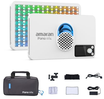 amaran Pano 60c Kit Panneau LED RGBWW Full-Color 60W avec 22 220 Lux à 0,5m, Alimenté par USB-C PD, Inclus Softbox, Grille, Diffuseur, Étui de Transport pour Photographie et Vidéo - Blanc
