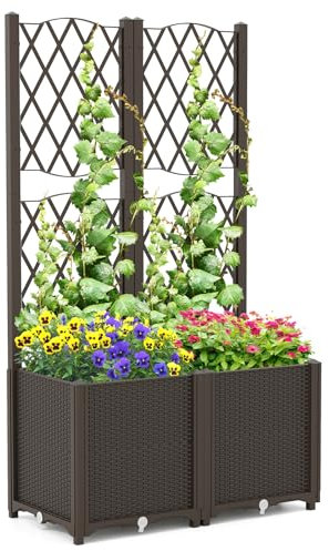 COSTWAY Jardinière avec Treillis sur Pied, Double Bac de Plantation Auto-arrosage en Rotin PP avec Trou de Drainage, Lit de Jardin pour Plantes Grimpantes, Légumes, Fleurs, Café, 80 x 40 x 140 cm
