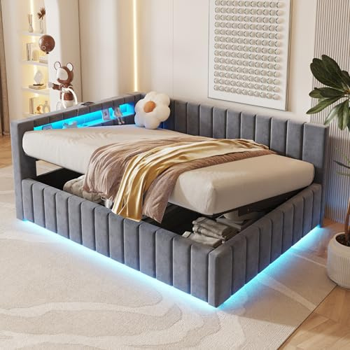 KUAKE Divano letto imbottito 140 x 200 cm, con vano portaoggetti idraulico, con luce LED e porta di ricarica USB, con schienale, testiera e telaio stabile, tessuto vellutato, senza materasso (grigio)