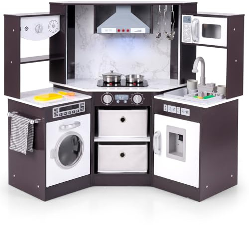 DREAMADE Cuisine Enfant avec Micro-Ondes, Cuisinière Électronique, Cuisine d'angle en Bois avec Effets Lumineux et Sonores, Accessoires Riches, Jouet Dinettes pour 3+ Ans (Blanc + Marron)