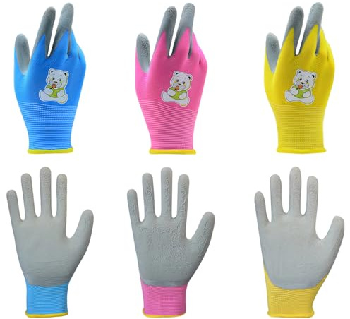 YFaith 3 Paia Guanti Giardinaggio Bambini, Lattice Poliestere Guanti da Lavoro per Bambini, Fantasia Orsetto Guantini da Lavoro Rivestiti per Ragazzi, Giallo Rosa Blu, XXXS, per Bambini 2 ai 5 Anni
