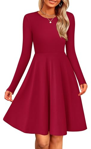 Zeagoo Vestito Donna Invernale Manica Lunga a Maglia Abito Elegante Girocollo Maglione Abiti Casual Linea A Vestiti Tinta Unita Rosso XXL