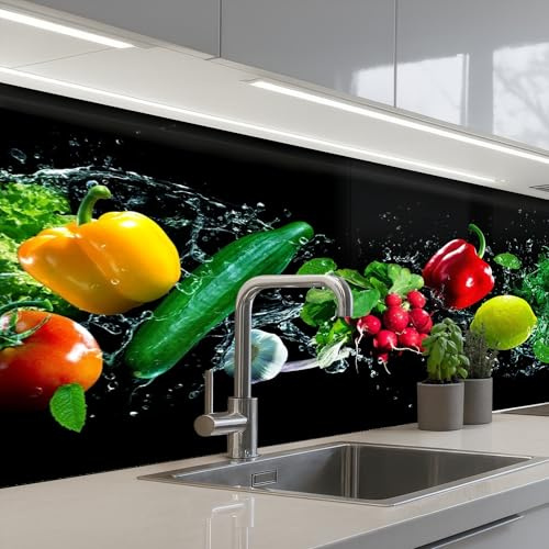 KitchenYeah© Küchenrückwand Selbstklebend 60x150 cm Küchenspritzschutz Rückwand Wandschutz Ohne Bohren Spritzschutz Wand Wandverkleidung Gemüse - Spritzer - Schwarz