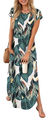 PLOKNRD Vestido de Verano con Bolsillo Falda Larga de Cuello Redondo de Manga Corta Ropa de Mujer de Playa de Vacaciones y Ocio