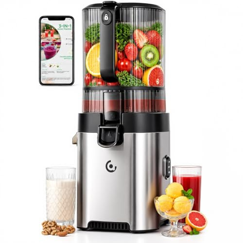 AMZCHEF Kallpressjuicer Juicer, 158 mm Extra Stor Inmatningsöppning | 2 Filter för Juice, Nötmjölk & Sorbet, Hög Juiceutvinning, 600W DC-Motor, Enkel att Rengöra, Enkel att Rengöra