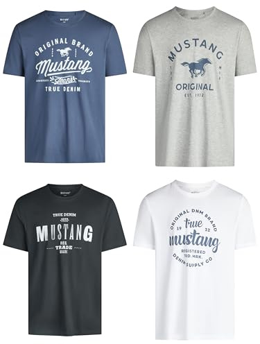 MUSTANG - Camiseta de manga corta para hombre, paquete de 4 unidades, con estampado frontal, cuello redondo, corte normal, 100 % algodón, L