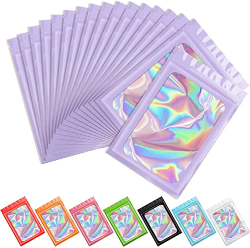 Artcut 100 PCS Mylar Bags, Resealable Foil Holographic Bags, Smell Proof Baggies Sample Bag(Purple, 3.5 * 6.3inch)