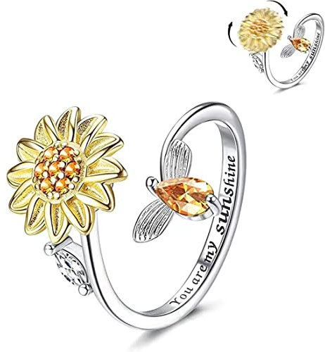 Anello Antistress Regolabile Fidget Anelli Donna Placcato Oro Spinner Anello Umore Zirconia Girasole Daisy Fiore Del Sole Anelli.
