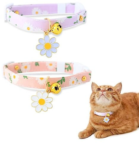 XIXKOLYU® 2er-Pack abreißbares Katzenhalsband aus Baumwolle mit Glöckchen, rosa und lila Blumenanhänger, süßes Katzenhalsband, Kätzchenhalsband, ideal für Katzen