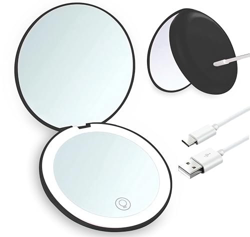 Giazee Compact Mirror, Rechargeable 1X/10X Magnifying Makeup Mirror with Light Small Portable LED Travel Pocket Mirror for Handbag Purse