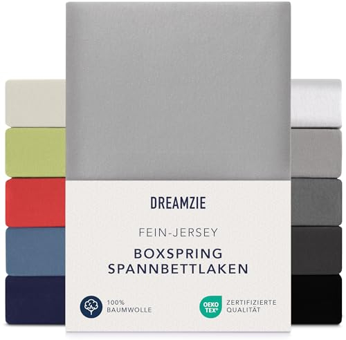 Dreamzie Premium Spannbettlaken 180x200 cm - 200x200 cm - 37cm Seitenhöhe - auch für Boxspringbett & Wasserbett - Bettlaken Boxspringbett 100% Jersey Baumwolle, 150 g/m² - Oeko-TEX - Grau