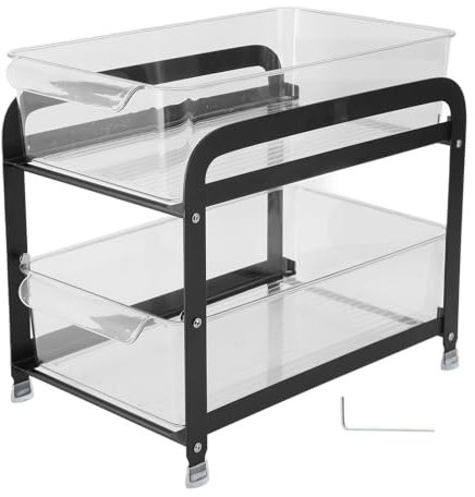 Organisateur D'armoire de Cuisine à 2 Niveaux, Organisateur de Rangement de Tasses à 2 Niveaux Sous L'évier de Cuisine, Conteneurs de Toilette en PET avec étagères Coulissantes(Noir)