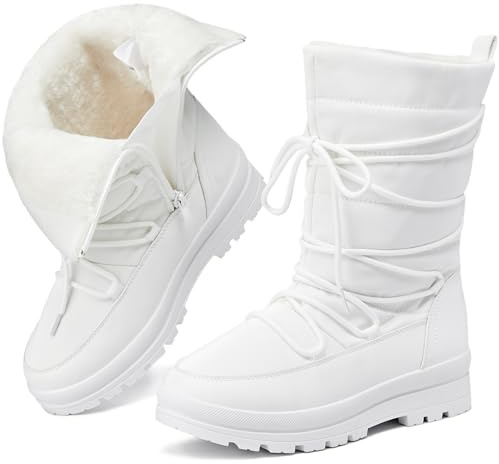 Snow Boots for Women Fur Winter Boots Waterproof Ski Boots Women's Mid Calf Boots Furry White Lace up Boots with Zipper(White.US8）