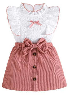 LUVCES Abbigliamento Bambina Vestito Set Senza Maniche con Volant Top + Minigonna con Fiocco e Bottoni 2 Pezzi Ragazze Estate Vestiti Outfit