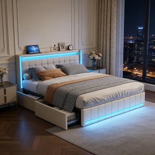 LIVLUX Lit 160x200 avec Sommier LED et USB,lit Double rembourré avec sommier à Lattes et 4 Tiroirs,lit 2 Personnes pour Adultes et Adolescents,Lin (Beige, 160 x 200 cm)
