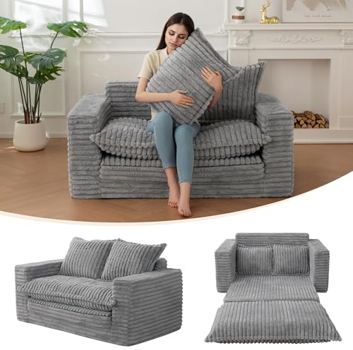 YOSHOOT Loveseat Sleeper Sofa, Convertible Sofa Bed Couch Futon Couches for Living Room, 3-in-1 Pull Out Floor Couch with Washable Cushion and Pillows, Dark Grey