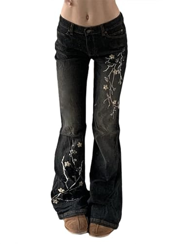 Women Bell Bottom Jeans Stretchy Flare Mid Rise Embroidery Vintage Denim Pants 90s Outfits Y2k Clothes