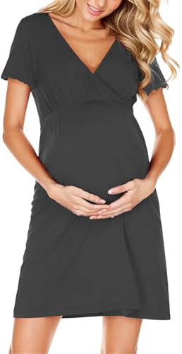 Generico Camicia da Notte Parto Ospedale e Allattamento | Vestito Premaman Donna con Scollo a V a Incrocio, Abbigliamento maternità Manica Corta