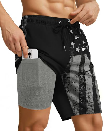 9 Inch 9in Men Swim Trunks Compression Liner CoveQuick Dry Drawstring Male Swimwear Swimsuit Swimtrunks Boardshorts Bathing Suit Fair Beach Water Shorts Mesh Pocket Lined Inseam Harbor American